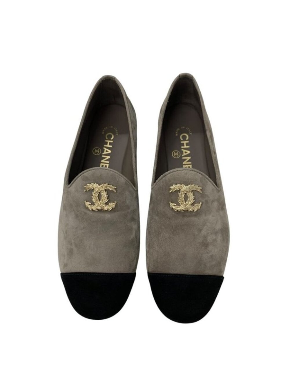 Chanel Flat Shoes Suede Gray Black Gold Coco Mark Loafers - Picture 2 of 10